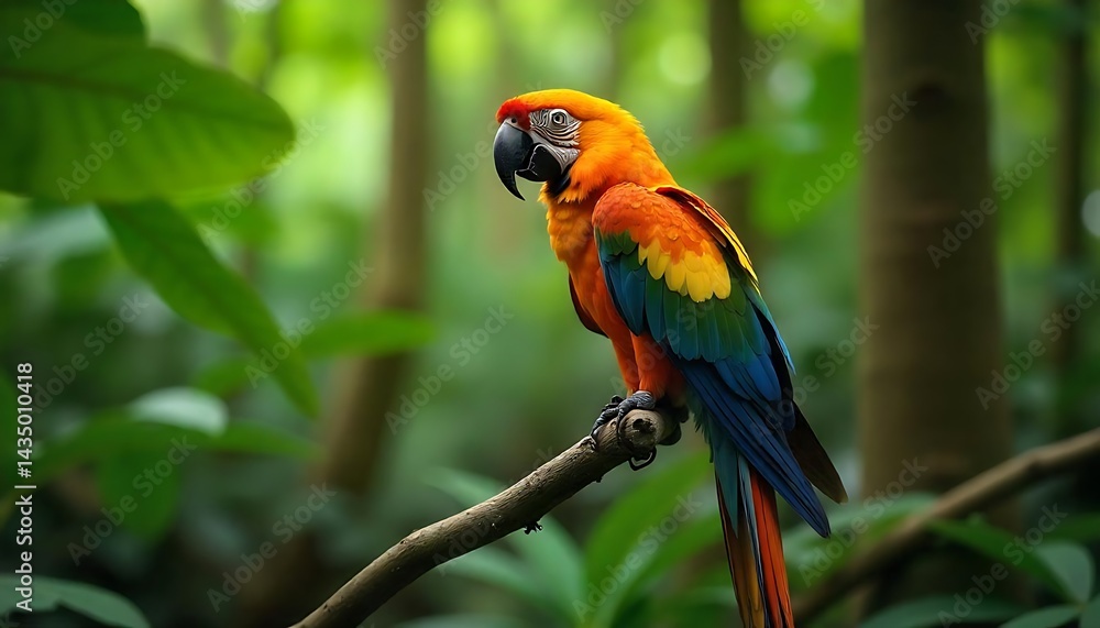 Obraz premium Macaw sitting on a tree in the jungle, wild parrot in the forest created with generative ai