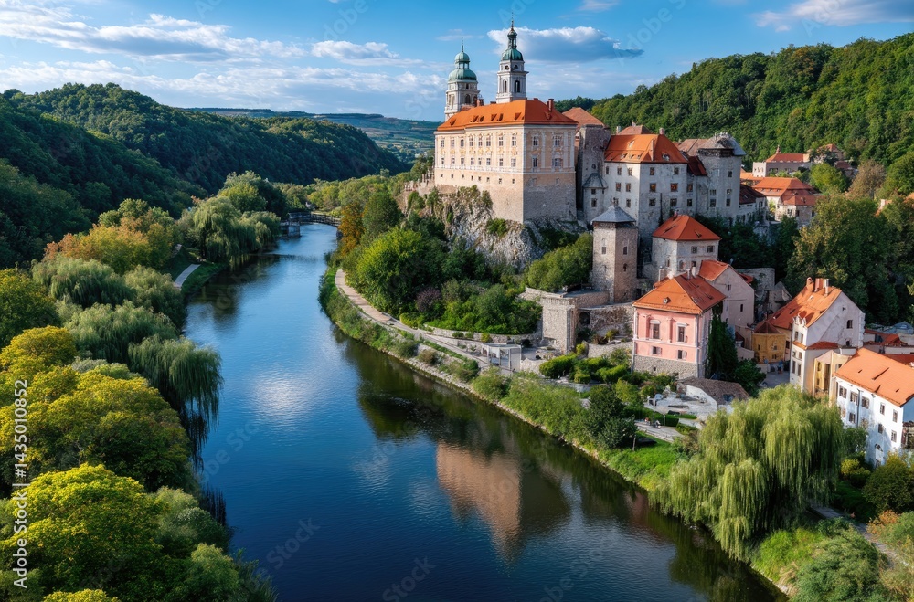 A panoramic view of the historic cityscape of rodno in czech republic, showcasing its red roofed buildings and ancient architecture along with a winding river flowing through it at sunset. A panoramic view of the historic cityscape of rodno in czech republic, showcasing its red roofed buildings and ancient architecture along with a winding river flowing through it at sunset.