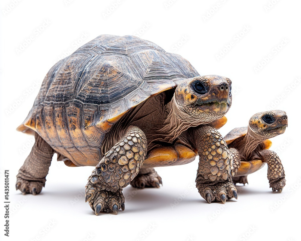 Fototapeta premium Two turtles walking side by side on a white background, showcasing their unique textures