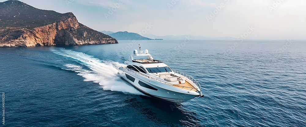 Fototapeta premium Luxury yacht speeding through sea near a rocky coastline. Waves and wake trail behind