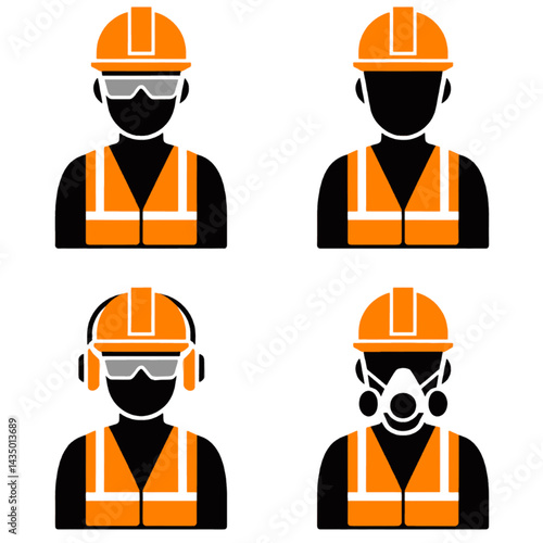 four vector-style icons depicting construction workers wearing safety gear
