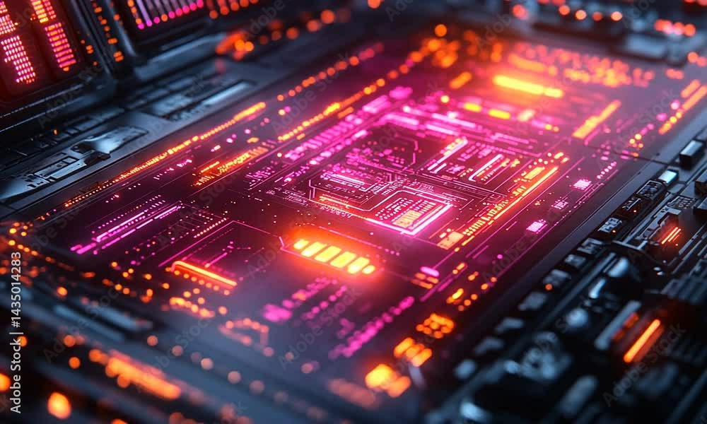 Futuristic computer circuitry with vibrant neon lights, showcasing advanced technology in a dark setting Futuristic computer circuitry with vibrant neon lights, showcasing advanced technology in a dark setting