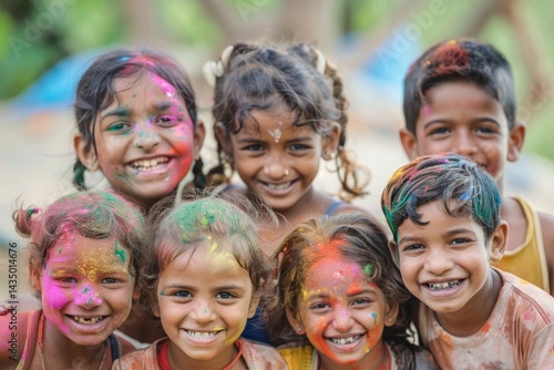 Colorful Holi celebration with joyful children covered in vibrant powders