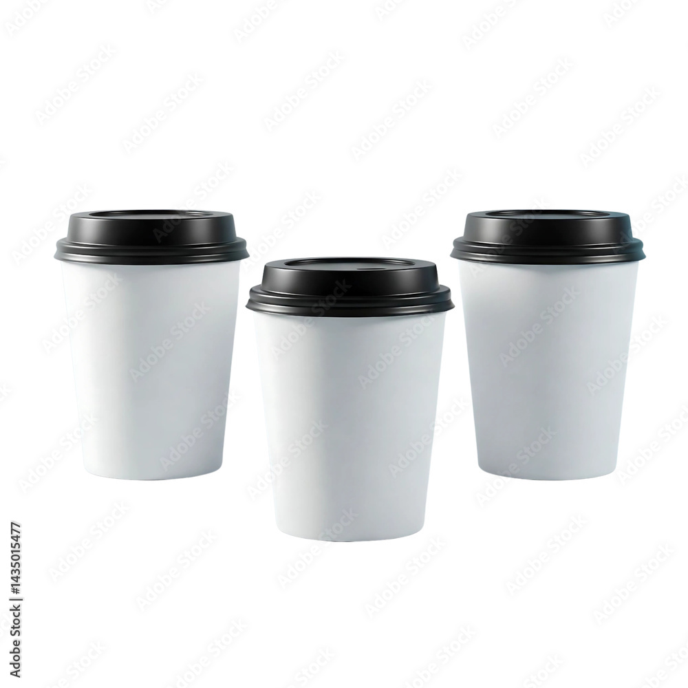 Three Plain White Disposable Coffee Cups with Black Lids Isolated on transparent background Three Plain White Disposable Coffee Cups with Black Lids Isolated on transparent background