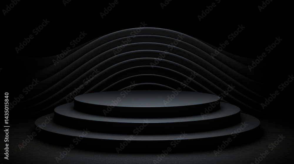 Fototapeta premium Dark, minimalist, three-tiered podium with flowing abstract backdrop. A sleek, empty platform perfect for showcasing products in a sophisticated, modern, and elegant way