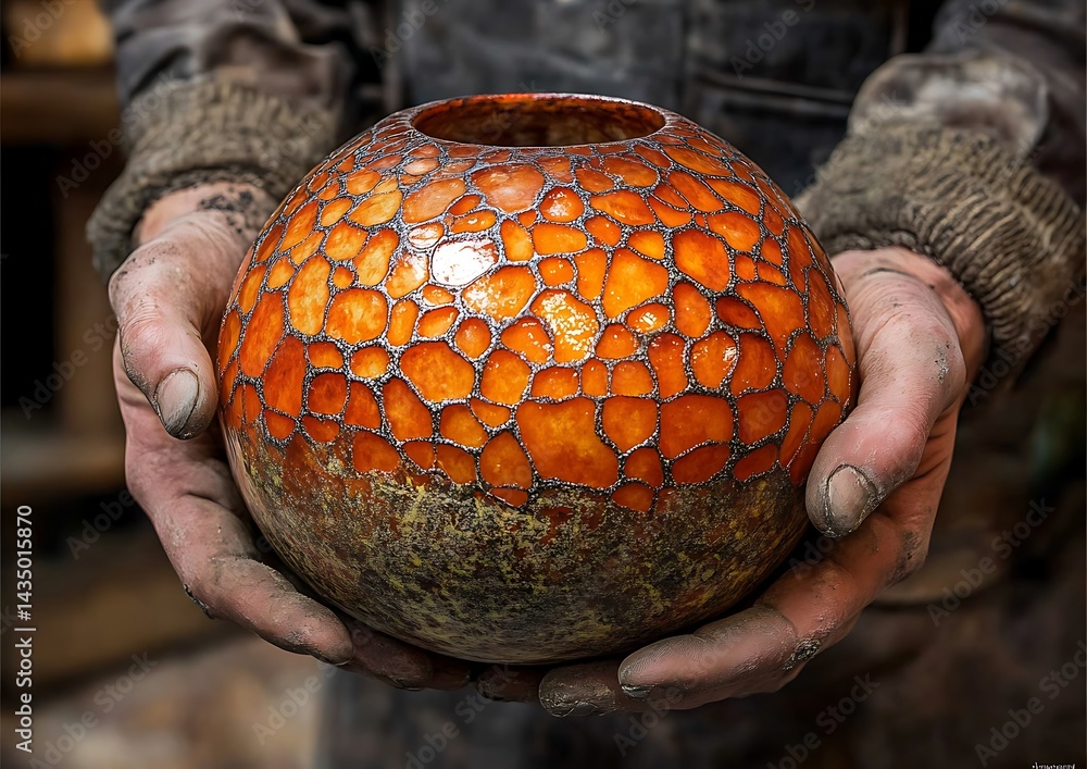 Hands hold decorative ceramic sphere