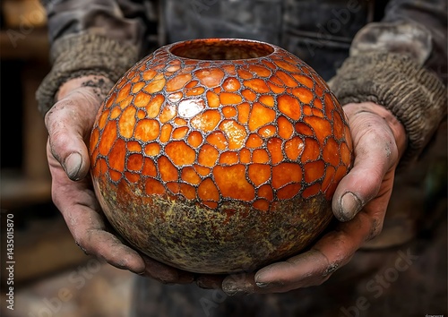 Hands hold decorative ceramic sphere
