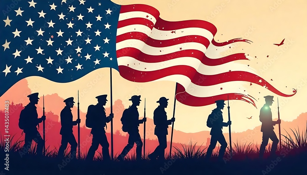 Naklejka premium memorial day celebration poster with troop of heroes and american flag vector illustration design created with generative ai.