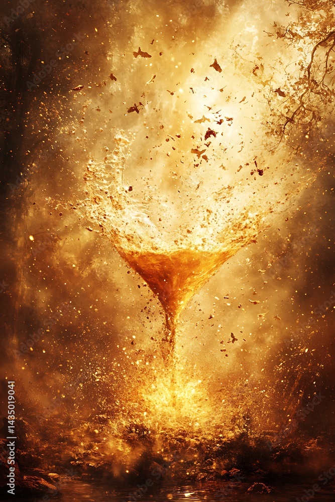 Sparkling drink explosion, fiery background