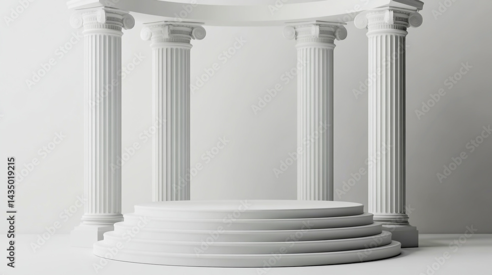 White podium pedestal, circular platform, and Greek columns on a white background for product presentation White podium pedestal, circular platform, and Greek columns on a white background for product presentation