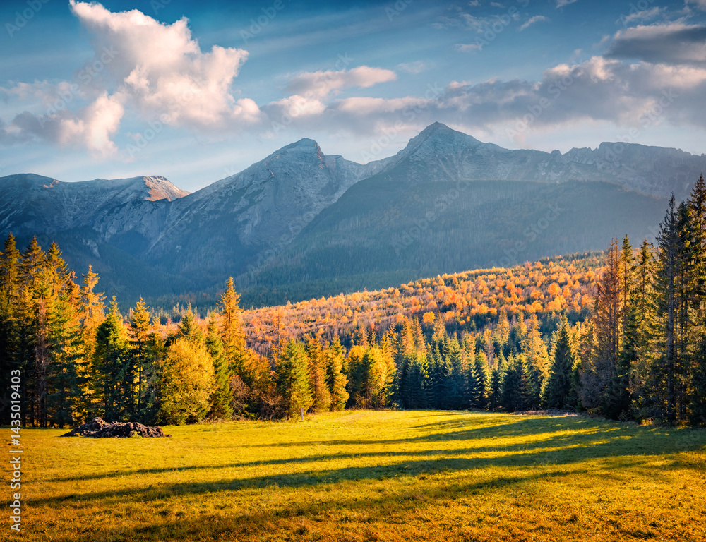 Incredible autumn scene of High Tatras (Vysoke Tatry) mountains. Magnificent evening view of two peaks - Zdiarska Vidla and Havran, slovakia, Europe. Beauty of nature concept background.