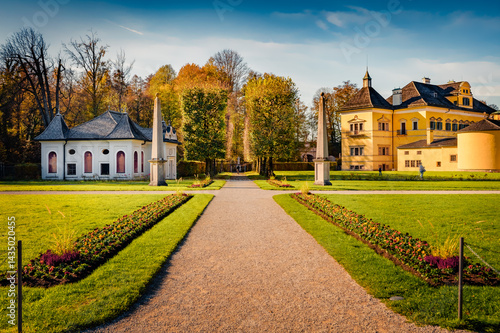 Obraz na płótnie Attractive autumn view of Hellbrunn castle, Austria, Europe. Spectacular morning cityscape of Morzg, district of Salzburg city, Austria, Europe. Traveling concept background. w salonie