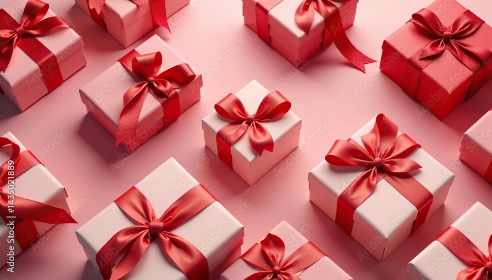 Elegant red ribbon tied gift boxes on seamless background, repeat, tileable, wrapping Elegant red ribbon tied gift boxes on seamless background, repeat, tileable, wrapping