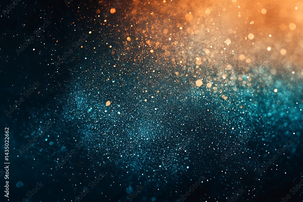 Obraz premium Abstract glowing particles in orange and teal, creating a vibrant, cosmic atmosphere with sparkling effects.