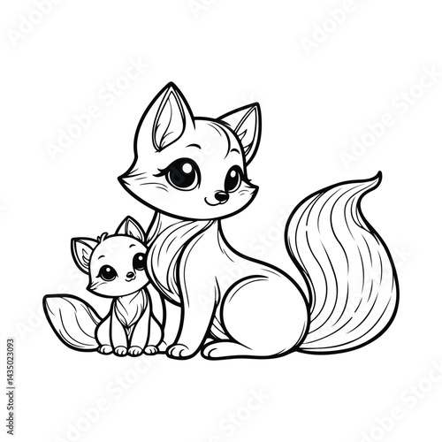 Line art of fox cub cuddles mother fox cartoon vector