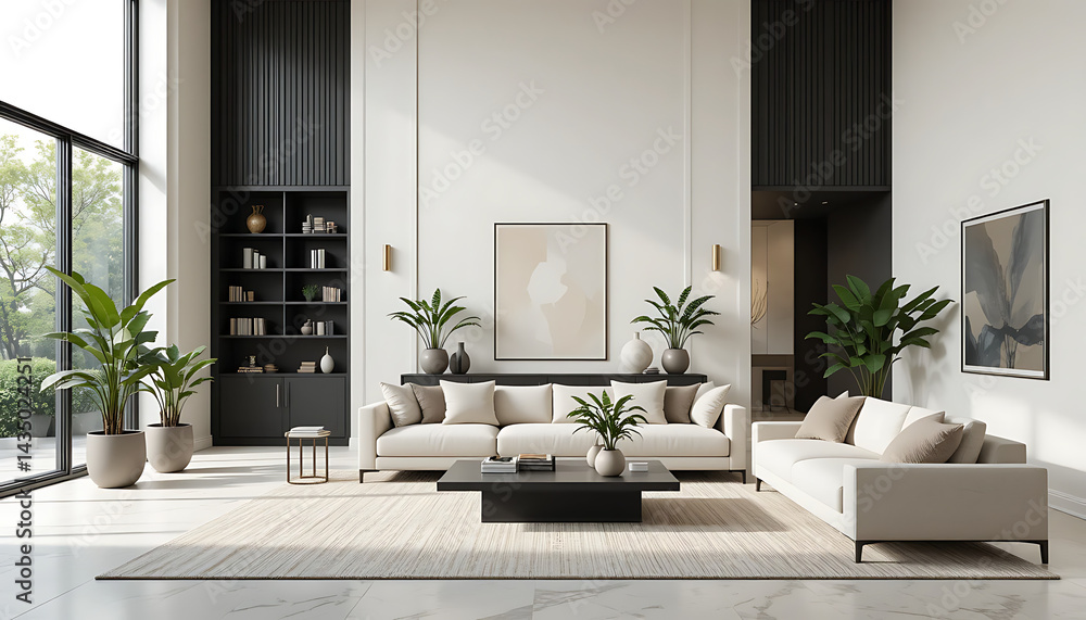 Naklejka premium The interior background of the living room of a luxury home is soft, minimalist, and dark