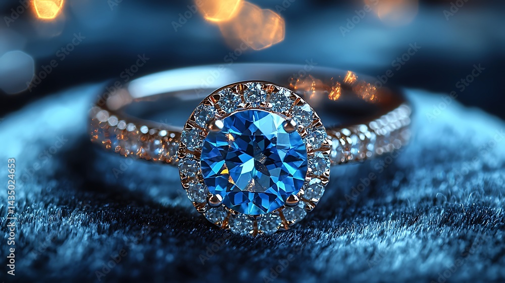 Close-up of a stunning blue gemstone ring with sparkling diamonds on a soft surface, illuminated beautifully Close-up of a stunning blue gemstone ring with sparkling diamonds on a soft surface, illuminated beautifully