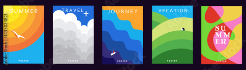 Abstract minimal summer poster, cover, card set with nature landscape, sun, plane in the clouds, yacht in the sea, fields and typography design. Summer holidays, journey, vacation travel illustrations