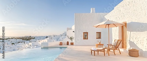 Luxurious white villa with pool, overlooking a stunning seaside village. Lounge setting included
