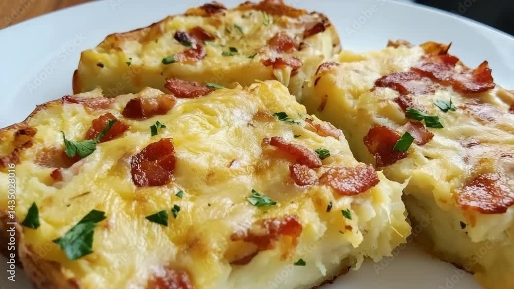 Close up of baked potato squares with melted cheese, bacon pieces, and parsley garnish sitting on white plate. Close up of baked potato squares with melted cheese, bacon pieces, and parsley garnish sitting on white plate.