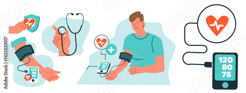Man with hypertension checking heart health with blood pressure monitor at home. Vector illustration.