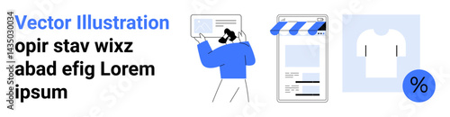 Person examining online profile, storefront interface, clothing display, and discount tag. Ideal for e-commerce, digital marketing, retail design, promotions, online catalogs branding simple