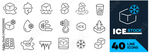 Vector line set of icons related with ice. Contains monochrome icons like icicle, hockey, floe, water, freeze, iceberg and more. Simple outline sign. Editable stroke.