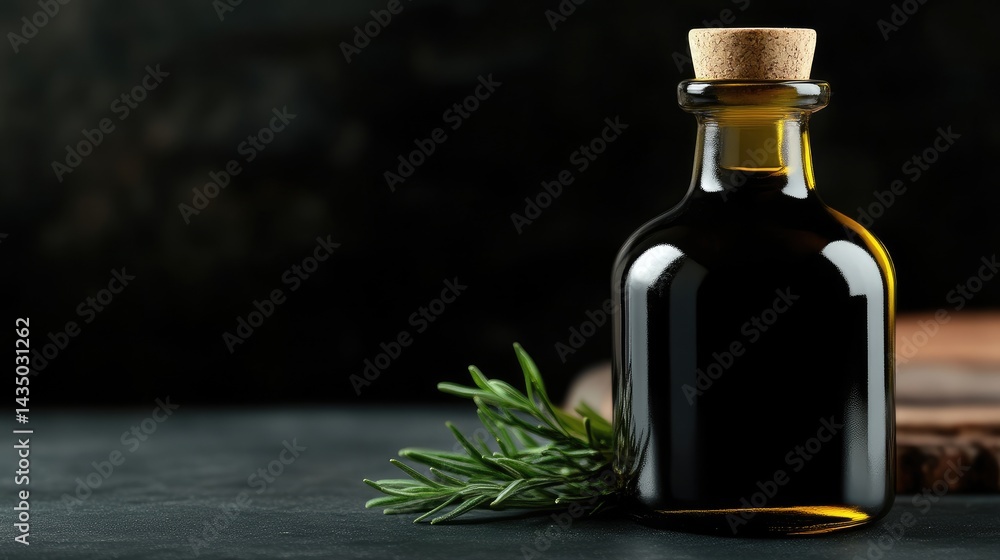 Dark amber glass bottle of rich flavored oil, with fresh rosemary sprigs Dark amber glass bottle of rich flavored oil, with fresh rosemary sprigs