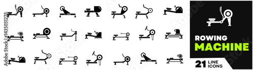 Rowing Machine icons set. Athletes training on rowing machine using oars icon set. Simple set of athletes training on rowing machine using oars vector icons for web design on vector illustratio