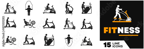 Cardio exercises and fitness training. Artworks depict cardio exercise machine, elliptical trainer, stationary bike, rope jumping, treadmill, step mill, stationary rowing, and recumbent bike. Vector i