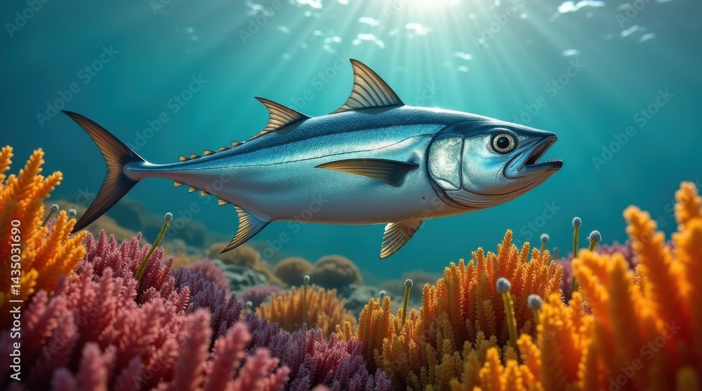 Fototapeta premium Celebrating world tuna day underwater scene with vibrant coral reefs marine life ocean environment close-up view