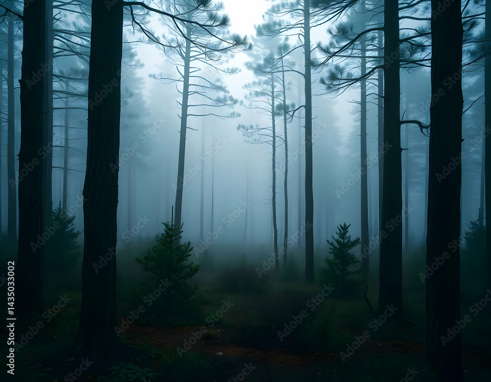 Naklejka premium Misty Forest Scene With Dark Trees
