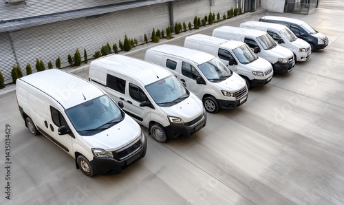 Multiple white vans parked in a row