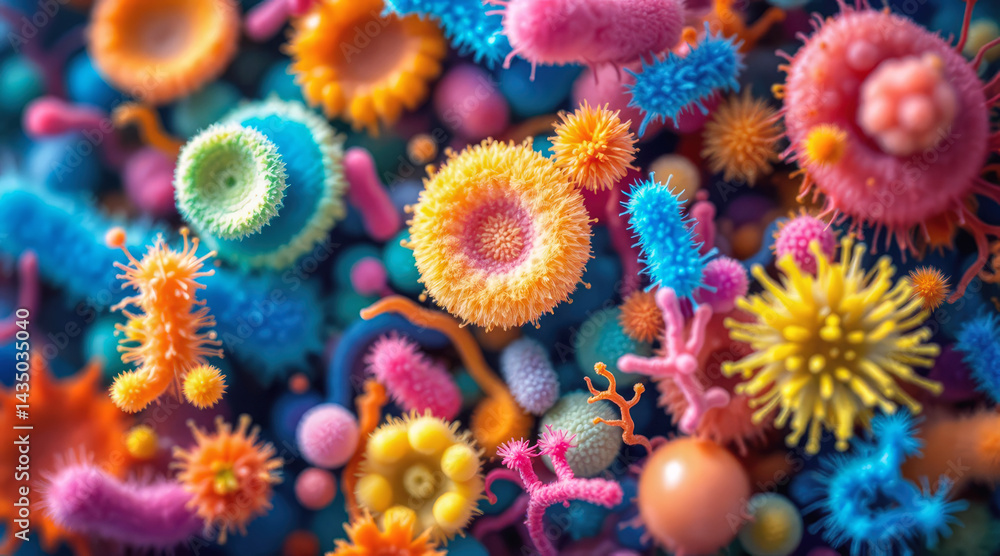 Microscopic view of biotechnology showcasing diverse microbiome organisms Microscopic view of biotechnology showcasing diverse microbiome organisms