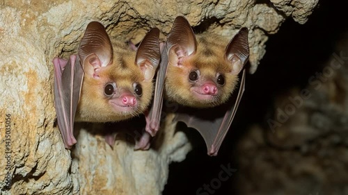 Pair of cute Honduran white bats clinging to rocky cave ceiling during the day