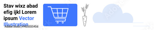 Blue shopping cart icon next to a simplistic carrot sketch and cloud illustration. Ideal for ecommerce, organic food, sustainability, farming, online shopping, grocery delivery, simple landing page