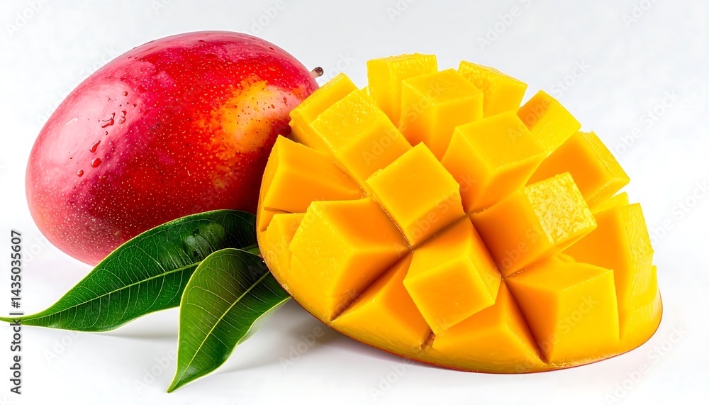 Ripe Red Mango and its Delicious Cubes on White Background with Green Leaves Ripe Red Mango and its Delicious Cubes on White Background with Green Leaves