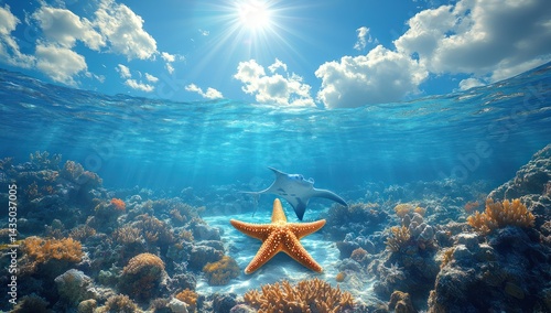 Starfish  ray with coral reef, and ocean.