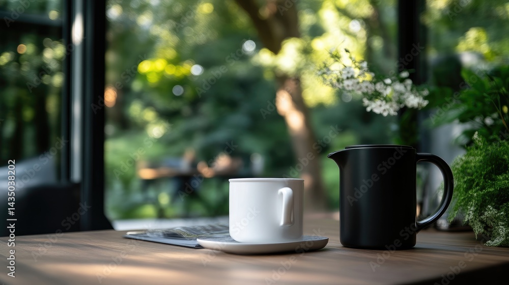 Morning coffee on a wooden table overlooking a garden Morning coffee on a wooden table overlooking a garden