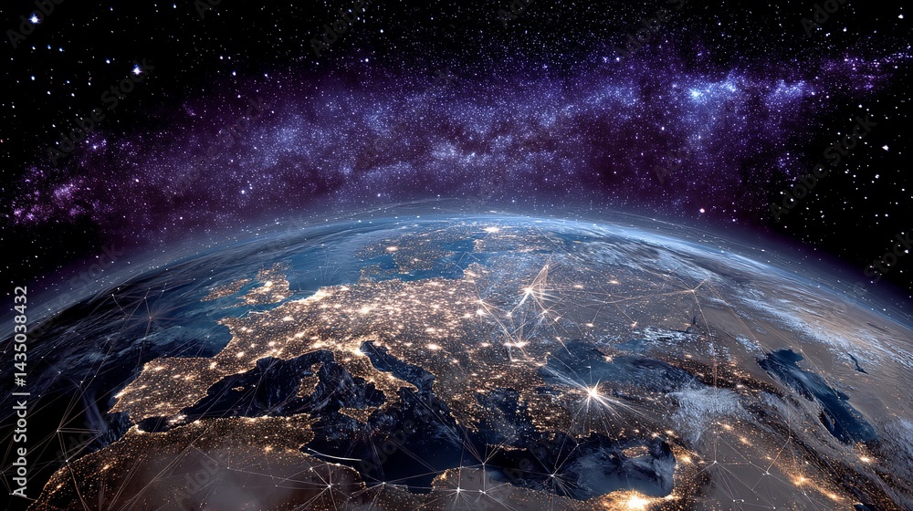 Fototapeta premium Night view of Europe from space, showing global network of connections