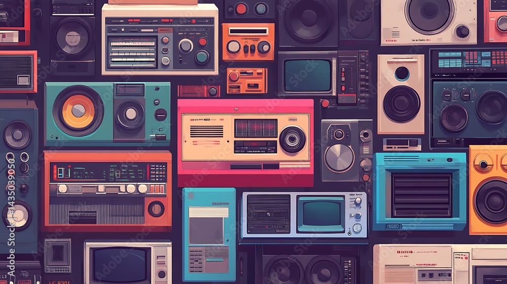 Obraz premium Electrifying retro stereo collection illuminated with purple orange lights picture