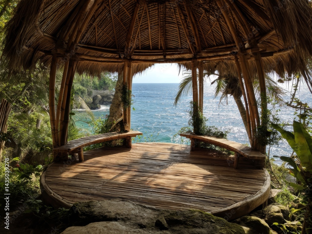 Fototapeta premium bamboo gazebo overlooking a mirror-calm ocean at midday, palm fronds visible through the open sides, wooden deck extending toward the water's edge
