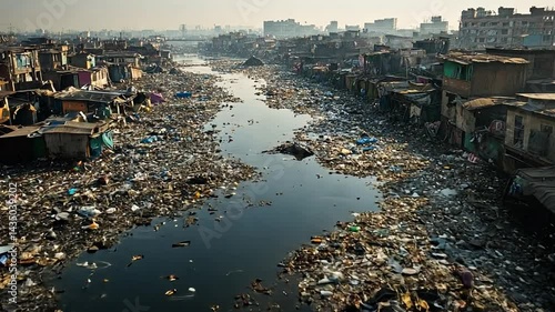 Urban environmental degradation in developing nations featuring a polluted waterway