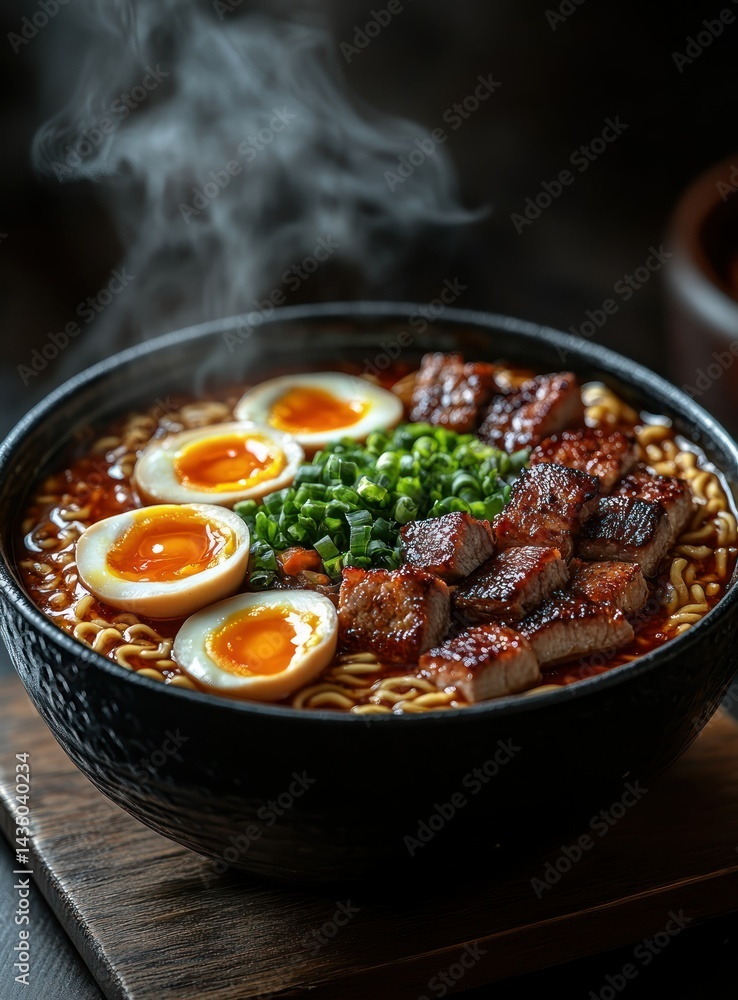 Steaming Ramen Bowl with Meat, and Egg. Steaming Ramen Bowl with Meat, and Egg.