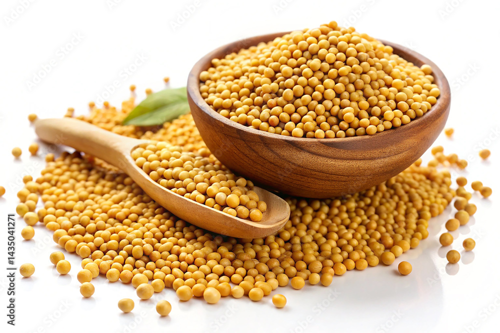 Golden Mustard Seeds with Opened Pods on White Background Golden Mustard Seeds with Opened Pods on White Background