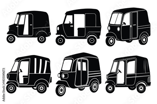 Set of auto rickshaw silhouette vector icon illustration on white background 