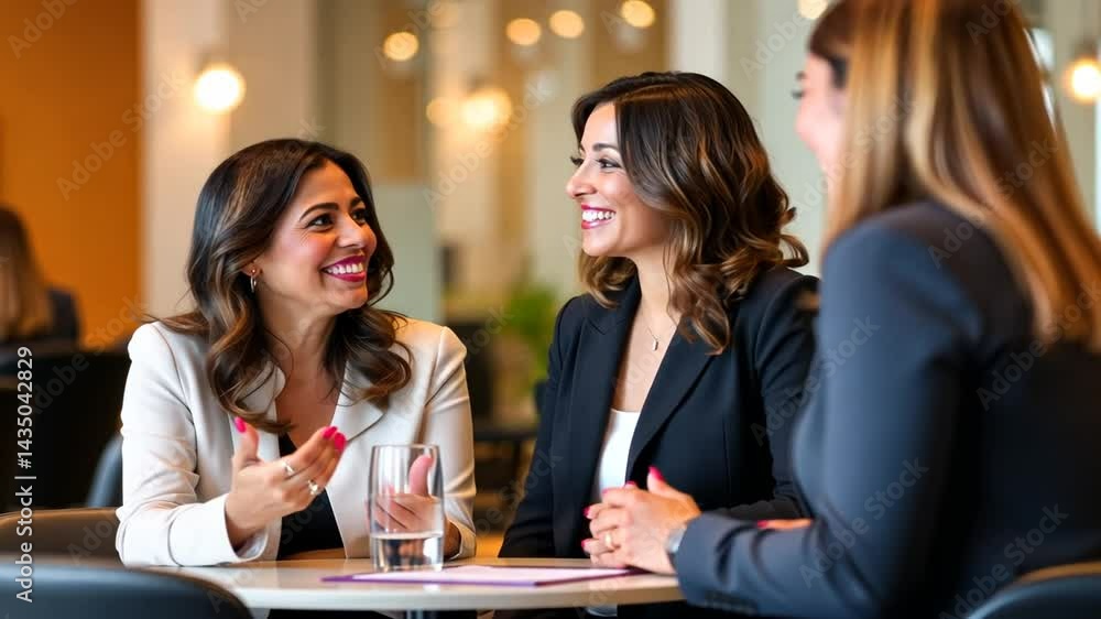 Three Businesswomen Discussing Project Details in Modern Office Space Three Businesswomen Discussing Project Details in Modern Office Space