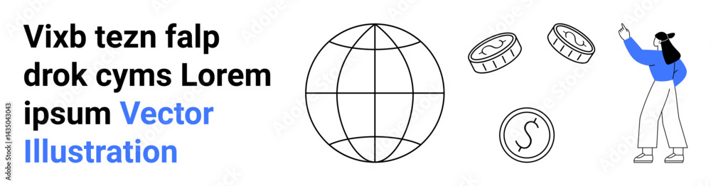 Female figure pointing at a globe, coins, and dollar icon. Ideal for finance, business strategies, globalization, economy, teamwork, entrepreneurship and simple landing page Female figure pointing at a globe, coins, and dollar icon. Ideal for finance, business strategies, globalization, economy, teamwork, entrepreneurship and simple landing page