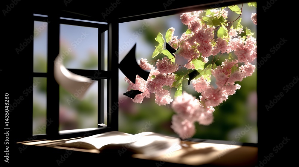 Fototapeta premium Open window, pink blossoms, book on sill, sunny day