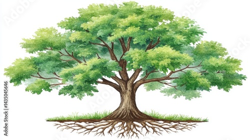 Detailed Illustration of a Large Green Tree with Exposed Roots
